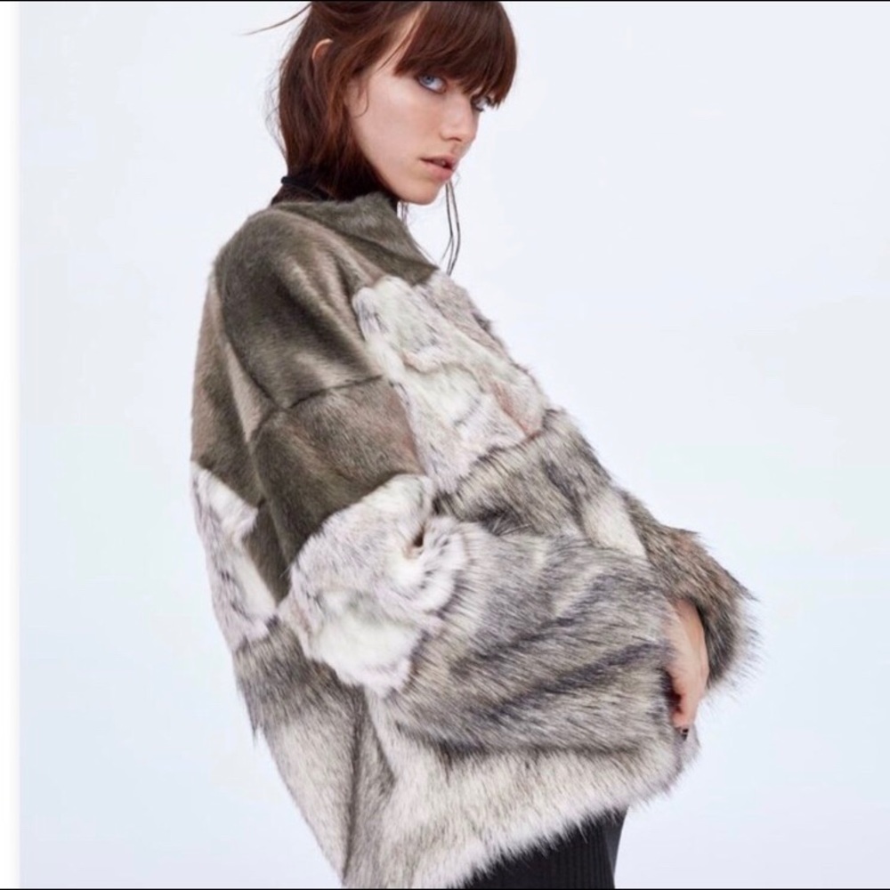 Zara Multi-color Contrasting Faux Fur Jacket Coat